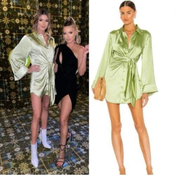 New Song of Style Marta Pistachio Green Mini Dress Wrap XS Revolve Satin - Picture 3 of 14
